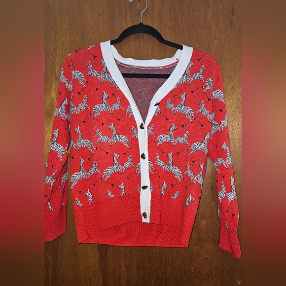 Sweaters - Unique bright red cardigan with zebras, Size M, NWOT